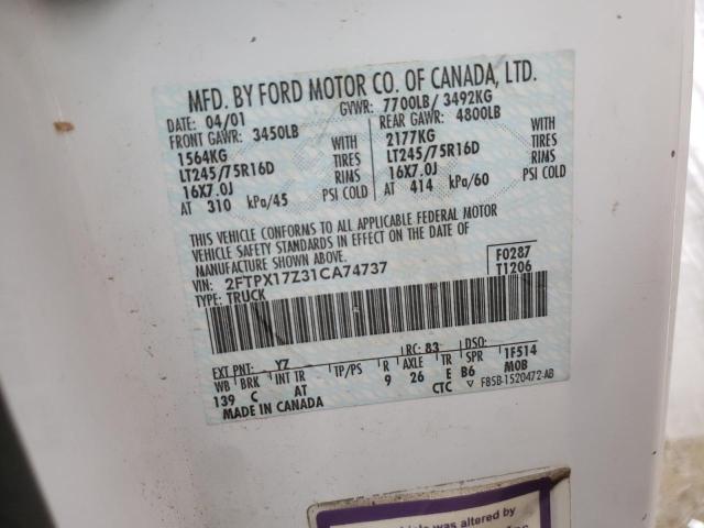 2FTPX17Z31CA74737 - 2001 FORD F150 WHITE photo 10