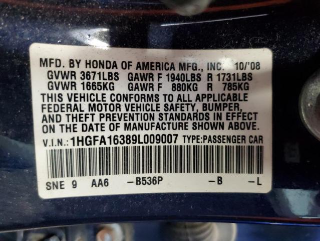 1HGFA16389L009007 - 2009 HONDA CIVIC VP BLUE photo 10