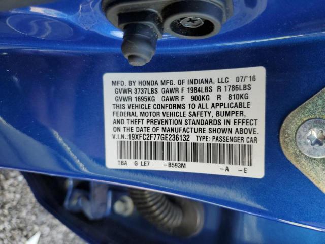 19XFC2F77GE236132 - 2016 HONDA CIVIC EX BLUE photo 10