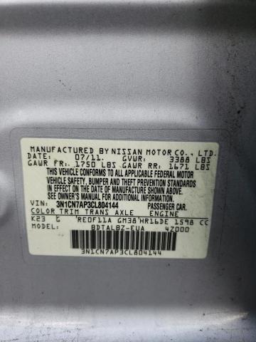 3N1CN7AP3CL804144 - 2012 NISSAN VERSA S SILVER photo 10