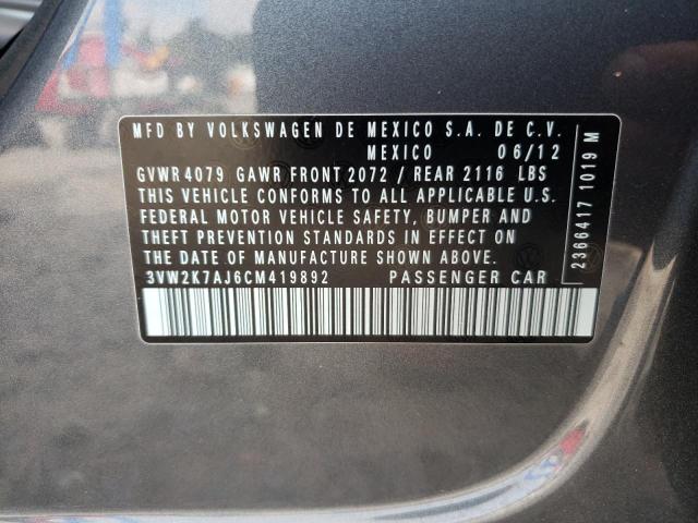 3VW2K7AJ6CM419892 - 2012 VOLKSWAGEN JETTA BASE GRAY photo 10
