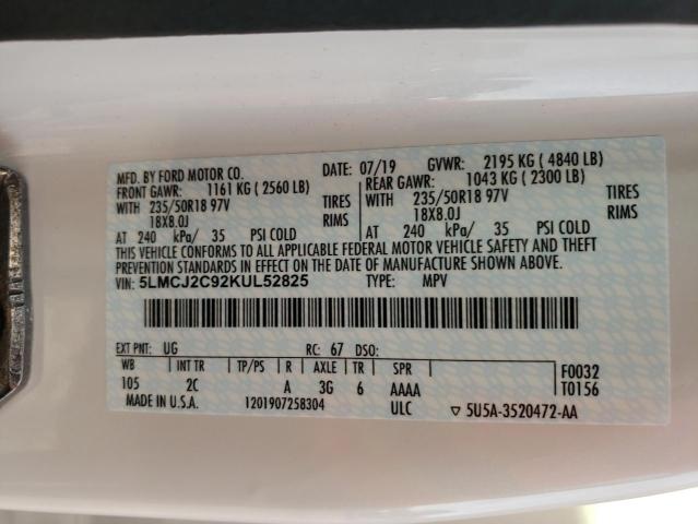 5LMCJ2C92KUL52825 - 2019 LINCOLN MKC SELECT თეთრი ფოტო 10