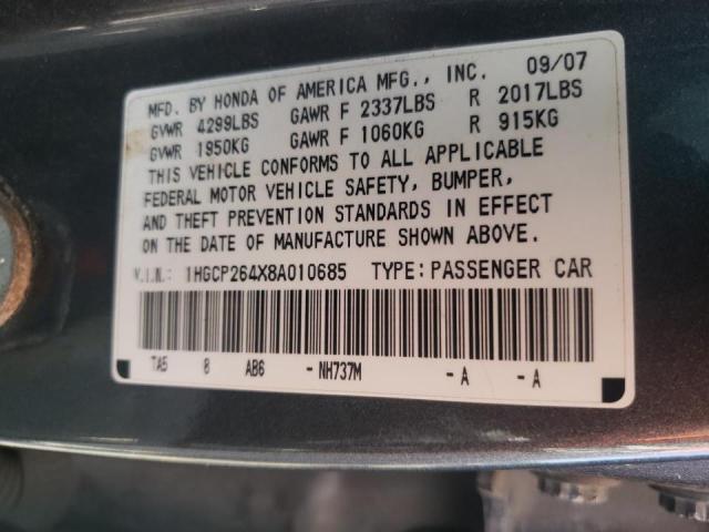 1HGCP264X8A010685 - 2008 HONDA ACCORD LXP GRAY photo 10