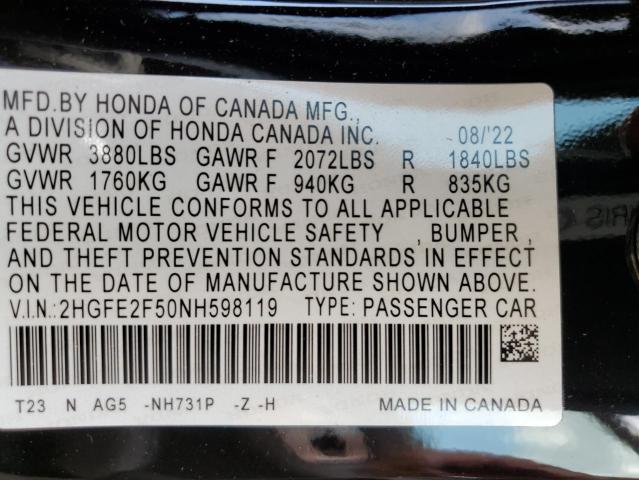 2HGFE2F50NH598119 - 2022 HONDA CIVIC SPOR BLACK photo 10