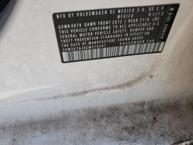 3VW2K7AJ6CM370287 - 2012 VOLKSWAGEN JETTA BASE 白色 照片 10