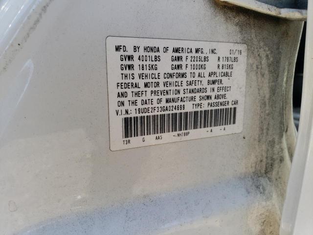 19UDE2F33GA024699 - 2016 ACURA ILX BASE W WHITE photo 10