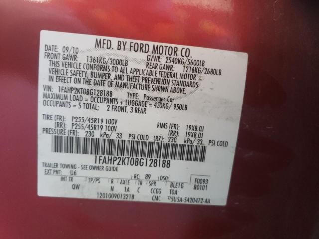 1FAHP2KT0BG128188 - 2011 FORD TAURUS SHO RED photo 10