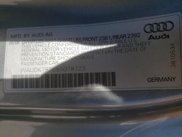 WAUDK78T89A018723 - 2009 AUDI A5 QUATTRO GRAY photo 10