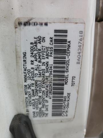 4T1BG22K91U794341 - 2001 TOYOTA CAMRY CE TWO TONE photo 10