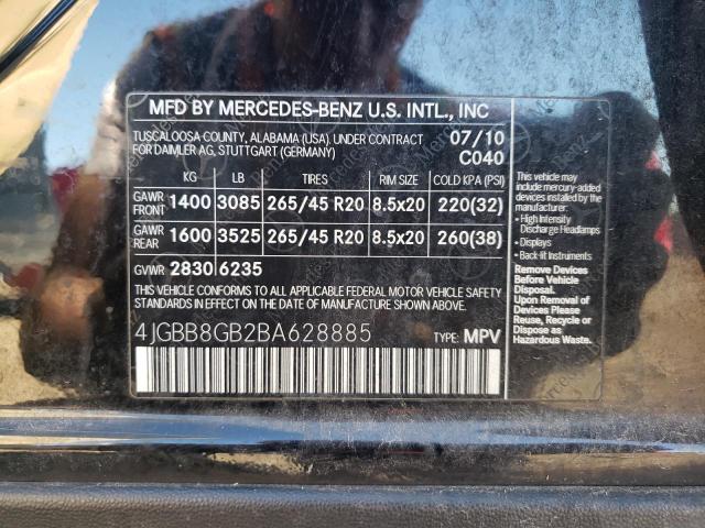4JGBB8GB2BA628885 - 2011 MERCEDES-BENZ ML 350 4MA BLACK photo 10