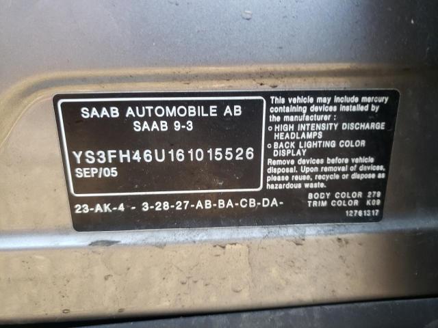 YS3FH46U161015526 - 2006 SAAB 9-3 AERO GRAY photo 10