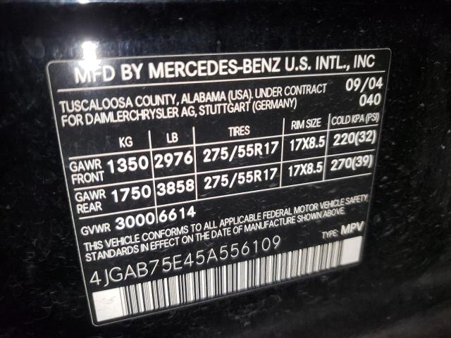 4JGAB75E45A556109 - 2005 MERCEDES-BENZ ML 500 BLACK photo 10