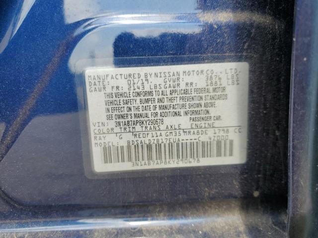 3N1AB7AP8KY290678 - 2019 NISSAN SENTRA S BLUE photo 10