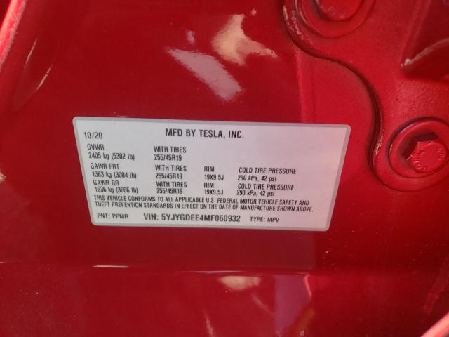 5YJYGDEE4MF060932 - 2021 TESLA MODEL Y أحمر صورة 10