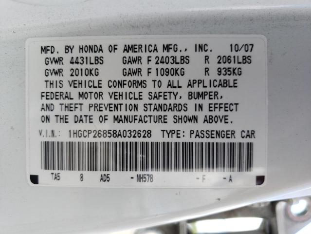 1HGCP26858A032628 - 2008 HONDA ACCORD EXL WHITE photo 10