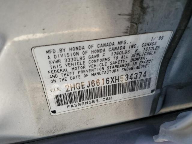 2HGEJ6616XH534374 - 1999 HONDA CIVIC BASE SILVER photo 10
