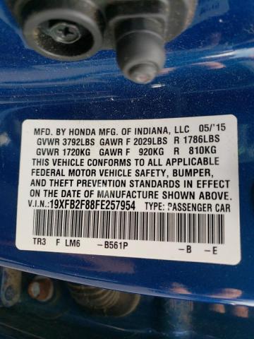 19XFB2F88FE257954 - 2015 HONDA CIVIC EX BLUE photo 10