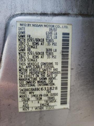 5N1BR18A88C631828 - 2008 NISSAN PATHFINDER SILVER photo 10