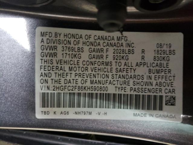 2HGFC2F86KH590800 - 2019 HONDA CIVIC SPOR GRAY photo 10