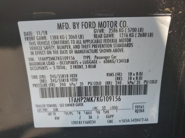 1FAHP2MK7KG109156 - 2019 FORD TAURUS POL BLACK photo 10