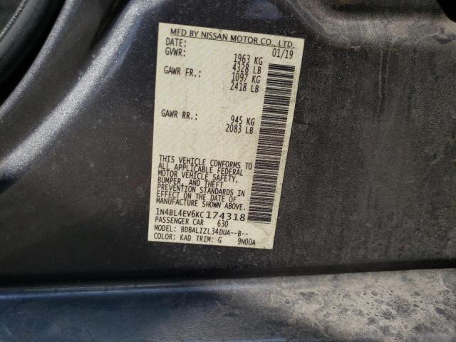 1N4BL4EV6KC174318 - 2019 NISSAN ALTIMA SL GRAY photo 10