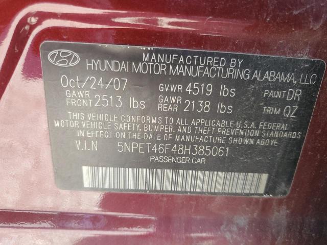 5NPET46F48H385061 - 2008 HYUNDAI SONATA GLS MAROON photo 10