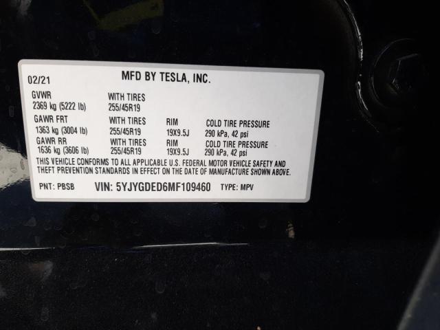 5YJYGDED6MF109460 - 2021 TESLA MODEL Y BLACK photo 10