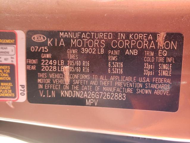 KNDJN2A26G7262883 - 2016 KIA SOUL TAN photo 10