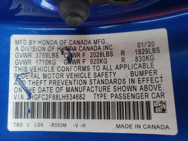 2HGFC2F88LH534682 - 2020 HONDA CIVIC SPOR 蓝色 照片 10