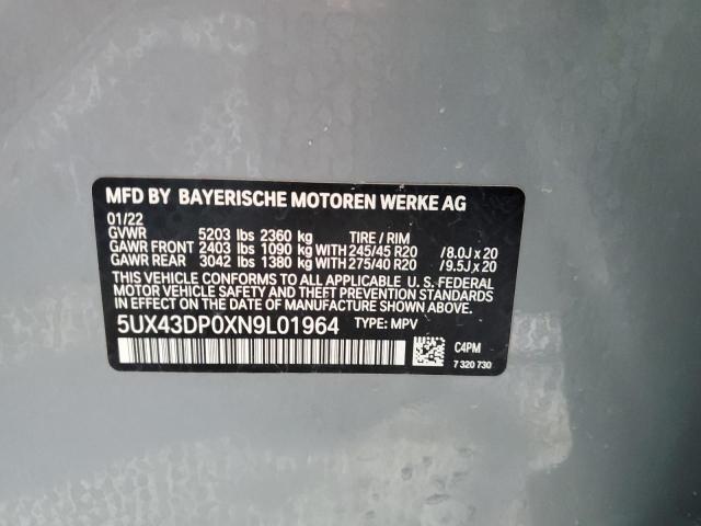 5UX43DP0XN9L01964 - 2022 BMW X3 SDRIVE3 GRAY photo 10