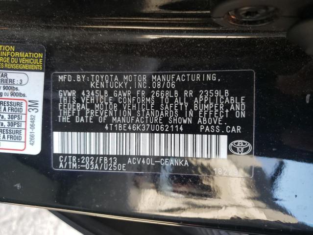 4T1BE46K37U062114 - 2007 TOYOTA CAMRY CE BLACK photo 10