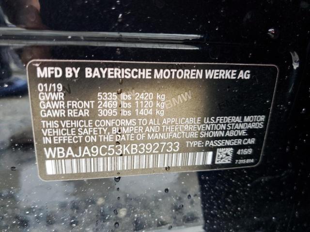 WBAJA9C53KB392733 - 2019 BMW 530E BLACK photo 10