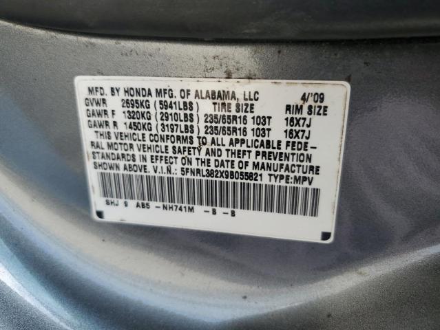 5FNRL382X9B055821 - 2009 HONDA ODYSSEY LX GRAY photo 10