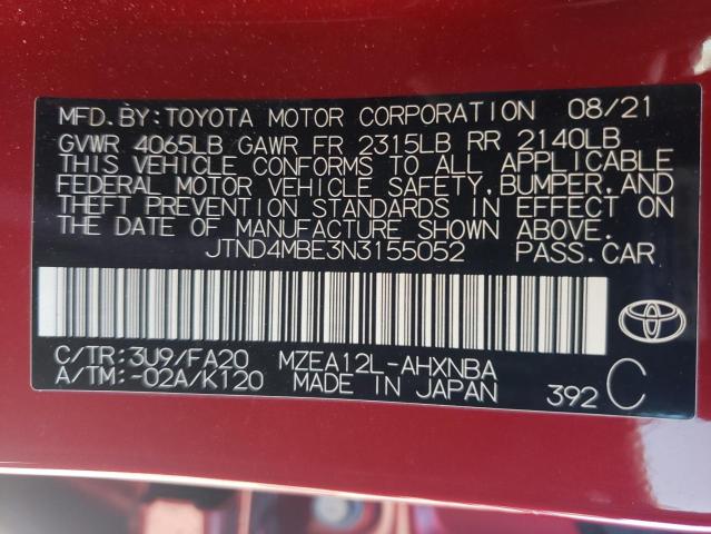 JTND4MBE3N3155052 - 2022 TOYOTA COROLLA SE RED photo 10