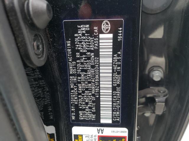 4T1BZ1FB9KU034202 - 2019 TOYOTA AVALON XLE BLACK photo 10