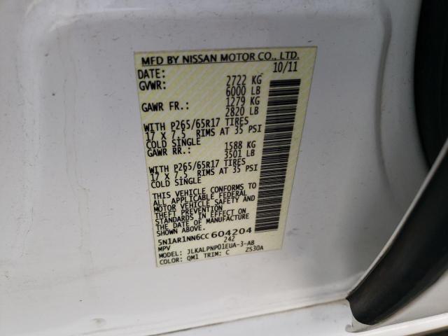 5N1AR1NN6CC604204 - 2012 NISSAN PATHFINDER WHITE photo 10