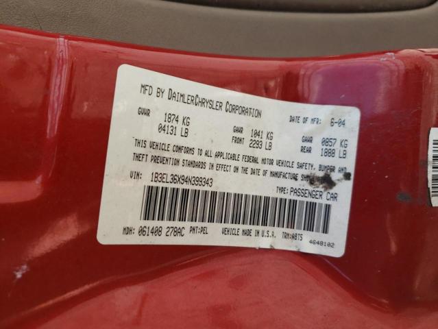 1B3EL36X94N399343 - 2004 DODGE STRATUS SE RED photo 10