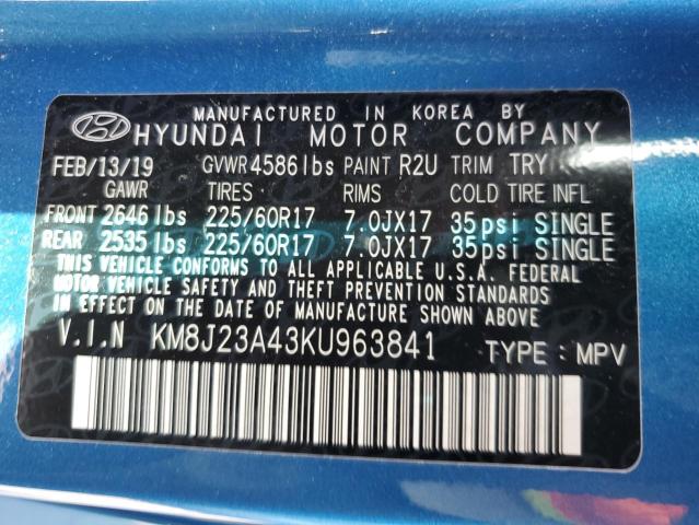 KM8J23A43KU963841 - 2019 HYUNDAI TUCSON SE BLUE photo 10