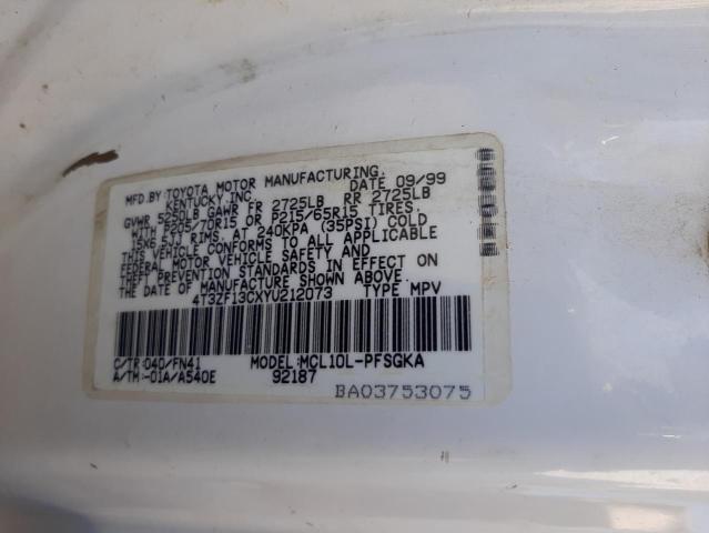 4T3ZF13CXYU212073 - 2000 TOYOTA SIENNA LE WHITE photo 10