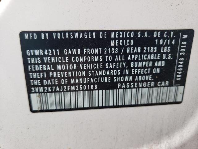 3VW2K7AJ2FM250166 - 2015 VOLKSWAGEN JETTA BASE أبيض صورة 10