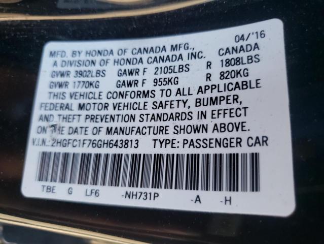 2HGFC1F76GH643813 - 2016 HONDA CIVIC EXL Noir photo 10