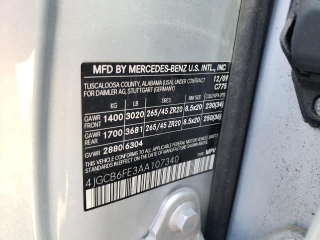 4JGCB6FE3AA107340 - 2010 MERCEDES-BENZ R 350 4MAT SILVER photo 10