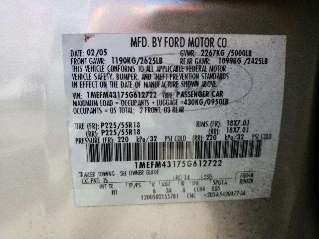 1MEFM43175G612722 - 2005 MERCURY MONTEGO PR ვერცხლისფერი ფოტო 10