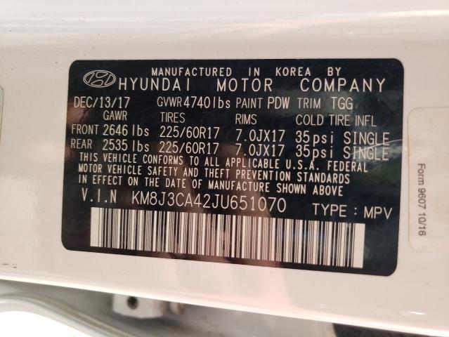 KM8J3CA42JU651070 - 2018 HYUNDAI TUCSON WHITE photo 10