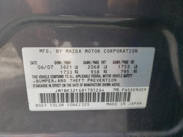 JM1BK32F681785264 - 2008 MAZDA 3 I GRAY photo 10