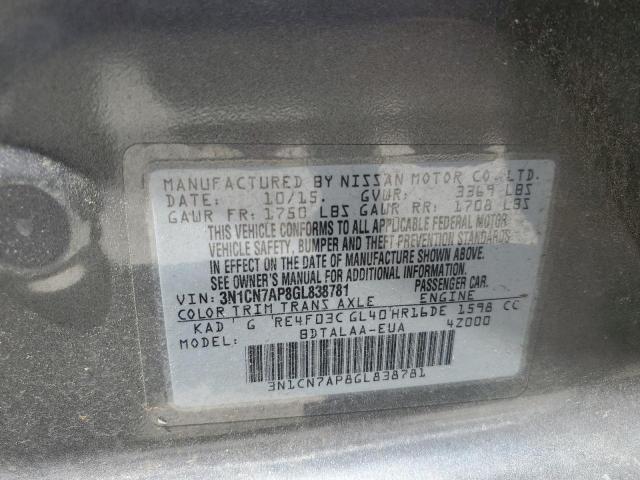 3N1CN7AP8GL838781 - 2016 NISSAN VERSA S GRAY photo 10