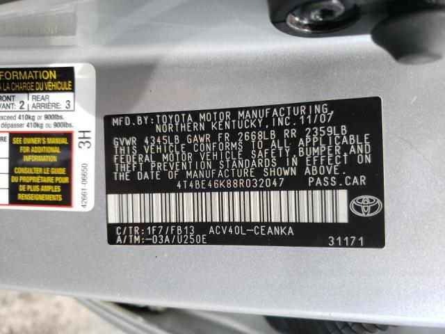 4T4BE46K88R032047 - 2008 TOYOTA CAMRY CE SILVER photo 10