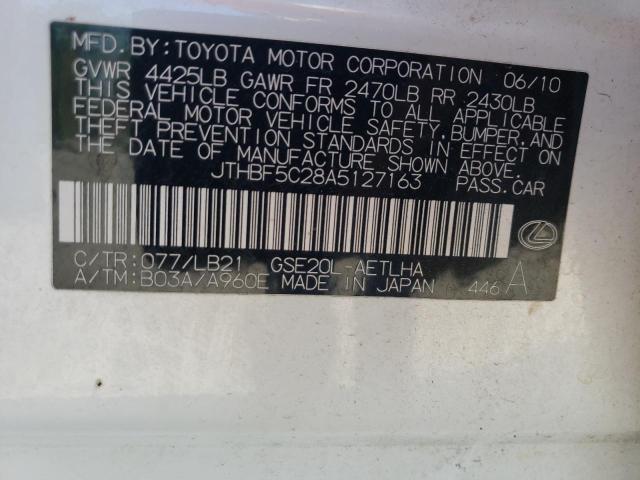 JTHBF5C28A5127163 - 2010 LEXUS IS 250 WHITE photo 10