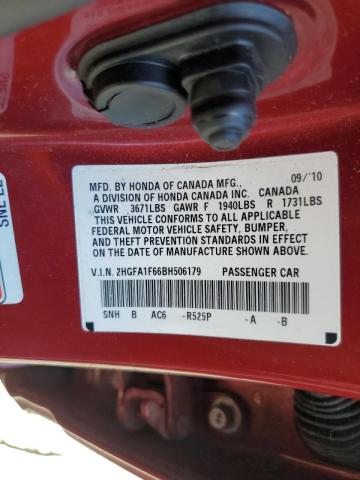 2HGFA1F66BH506179 - 2011 HONDA CIVIC LX-S Марун фото 10