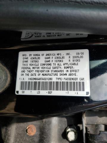 1HGCM66487A021280 - 2007 HONDA ACCORD SE BLACK photo 10